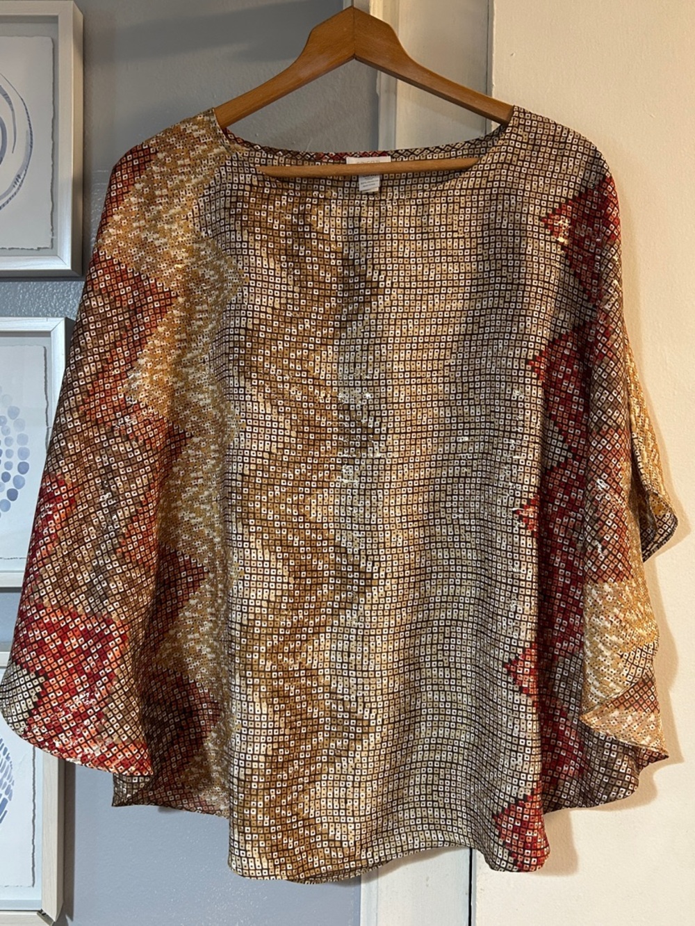 Chico's Women’s Size S/M Poncho Style Multi-Pattern Tunic Red Gold & Cream Top